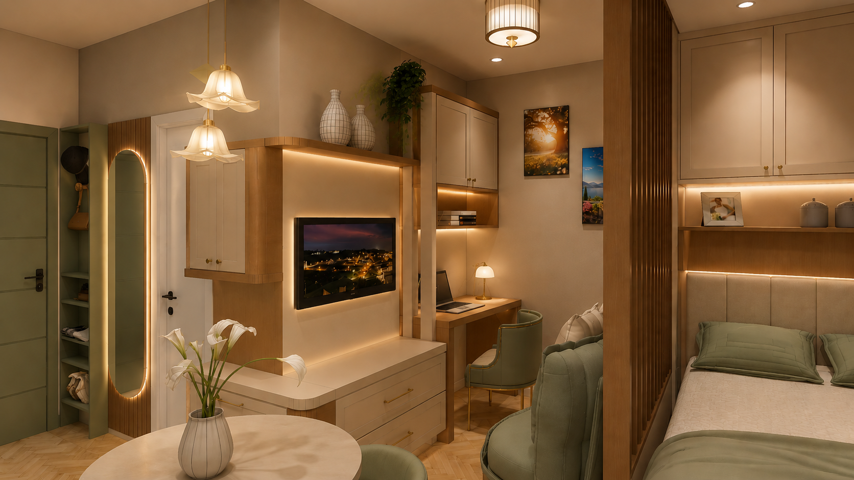 Render do Studio Essência: ambiente compacto e integrado com iluminação acolhedora, madeira e tons verde suave