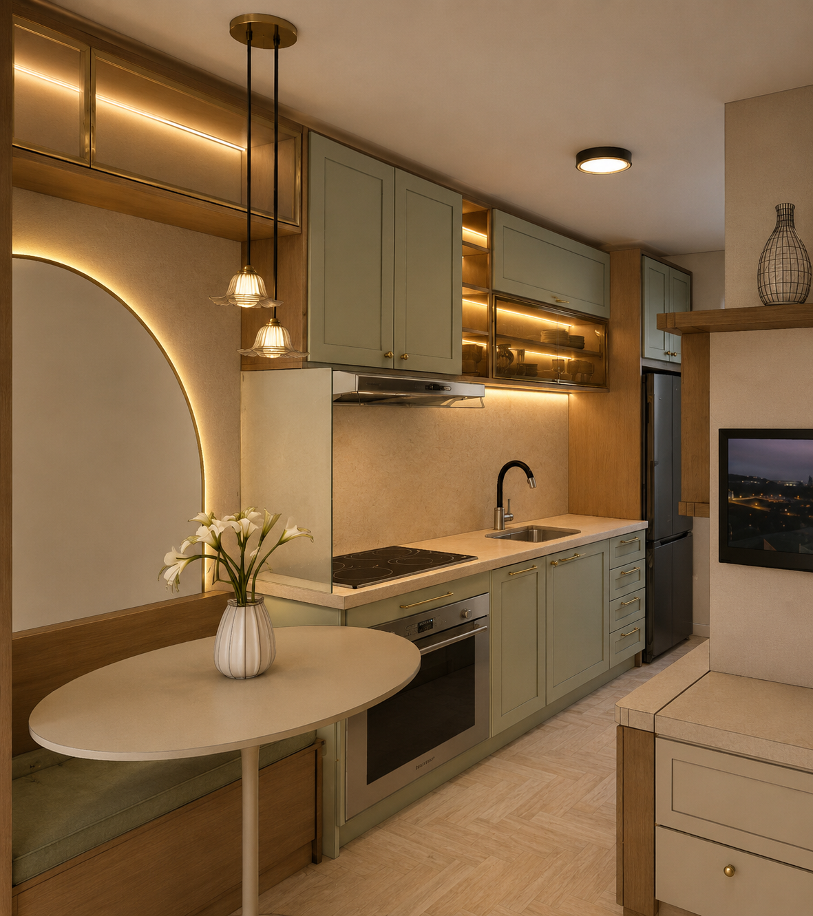 Cozinha do Studio Essência com iluminação acolhedora, armários verde suave e detalhes em madeira